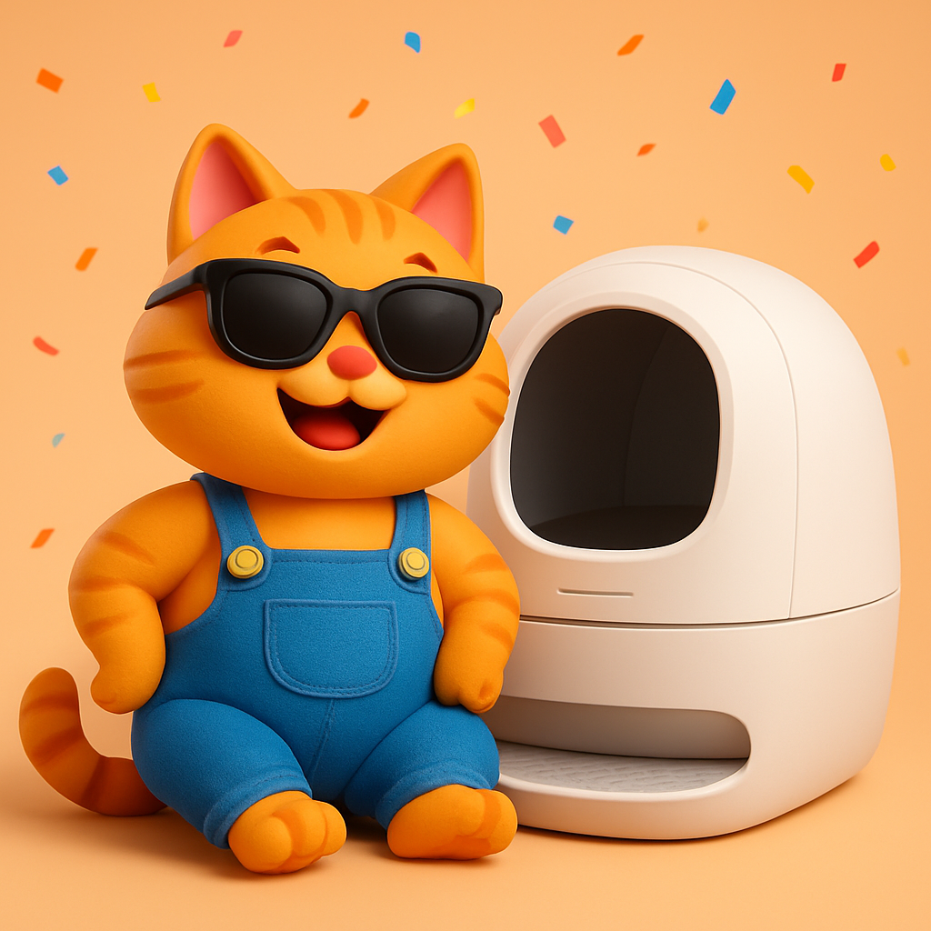 Cartoon tabby-cat mascot in denim overalls beside a white smart litter box